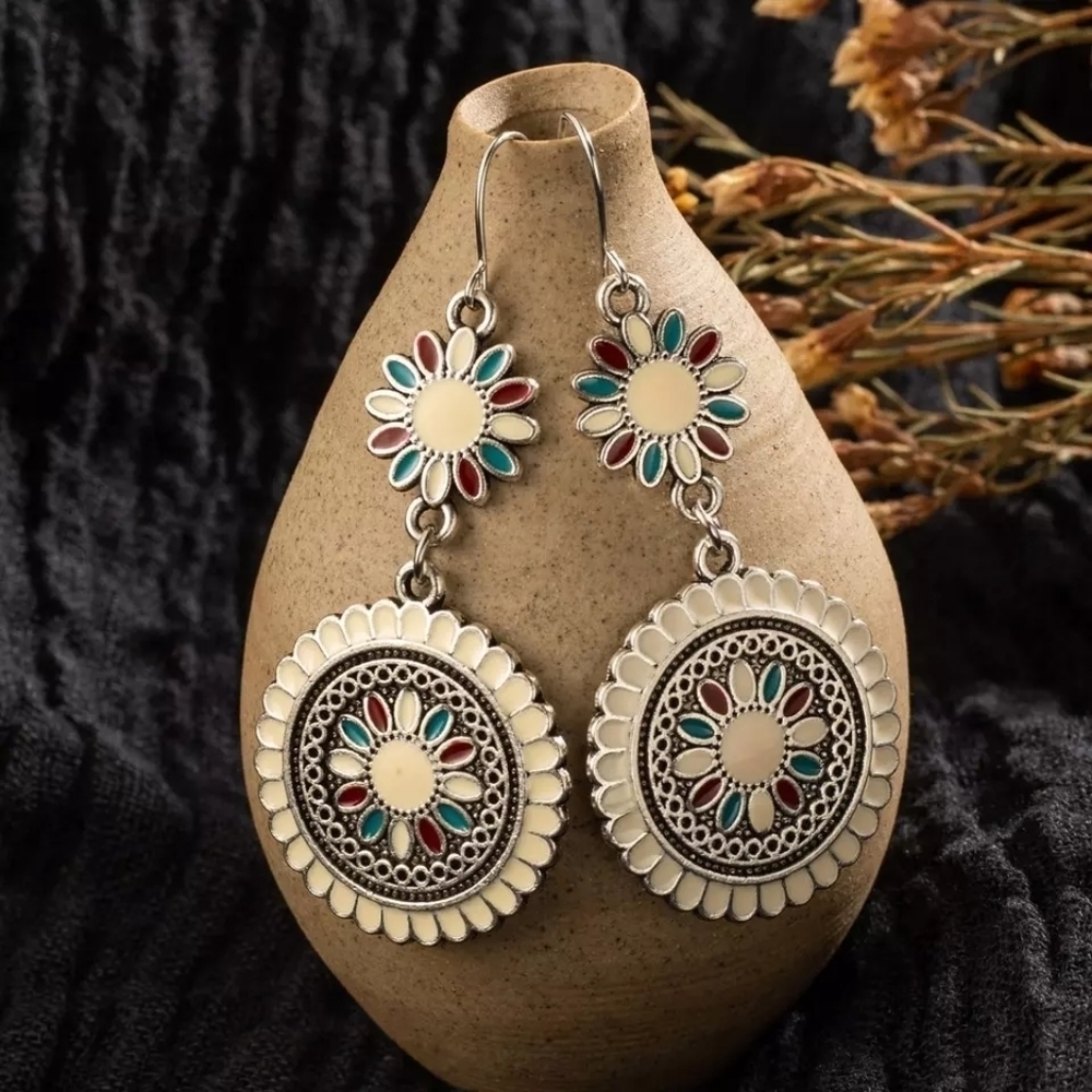Vintage  Flower Oil Drop Earrings